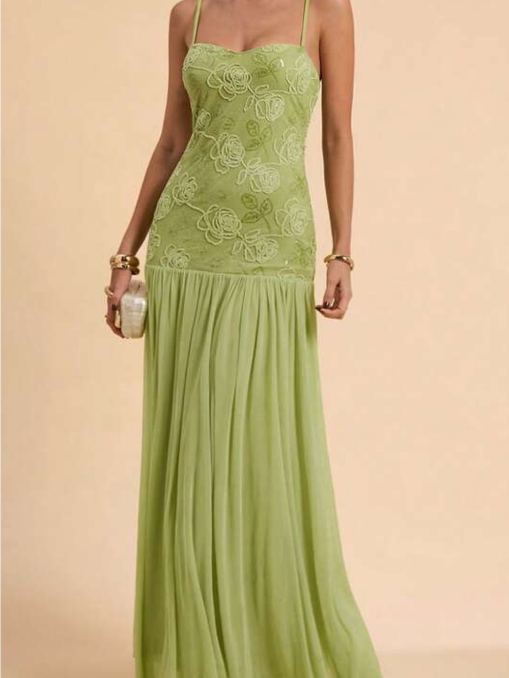 Spaghetti Strap Olive Green Maxi Dress with Floral Lace Bodice